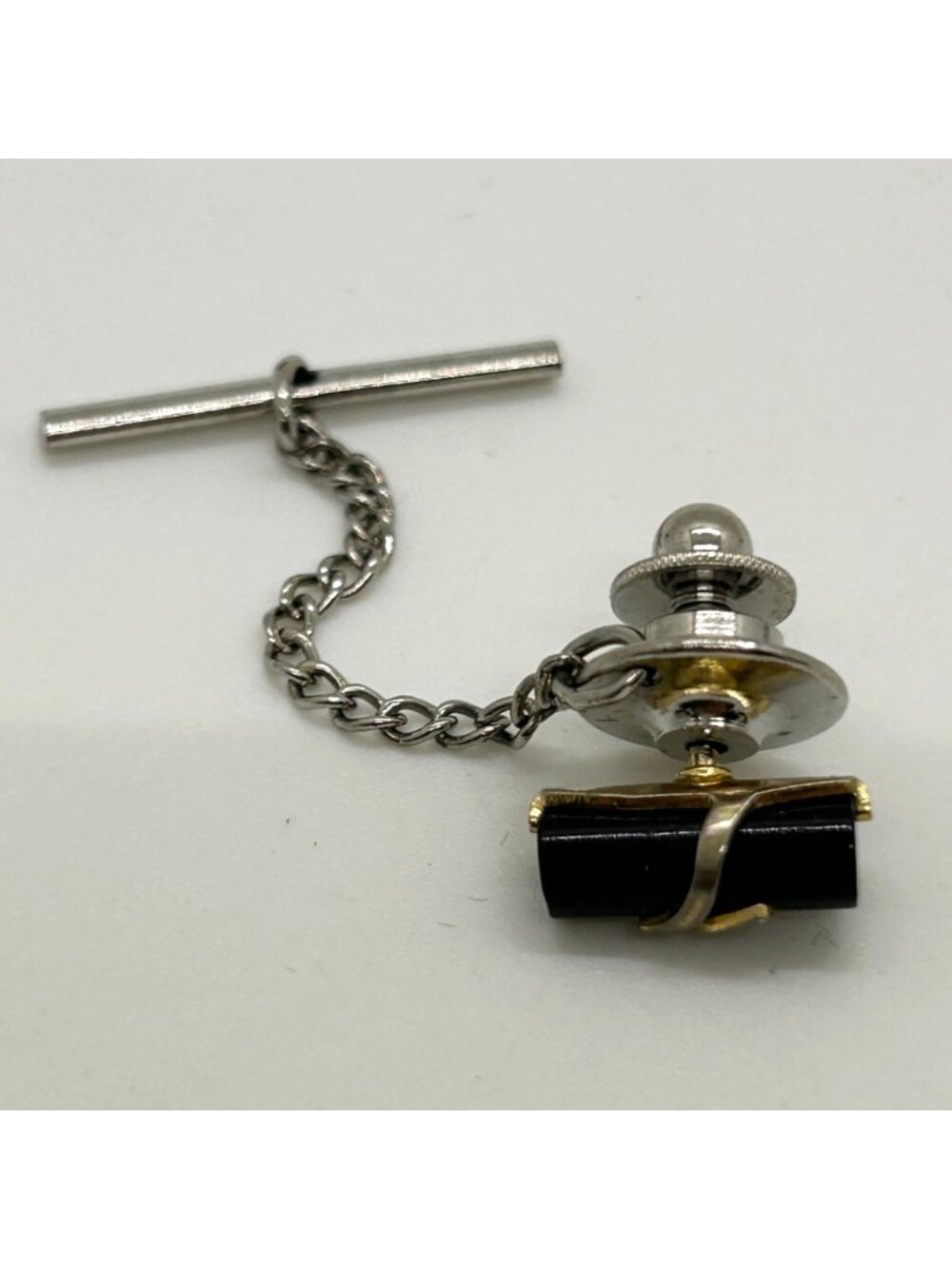 Vintage Anson Black Acrylic Abstract Wrap Mens Tie Tack Chain Original Box READ